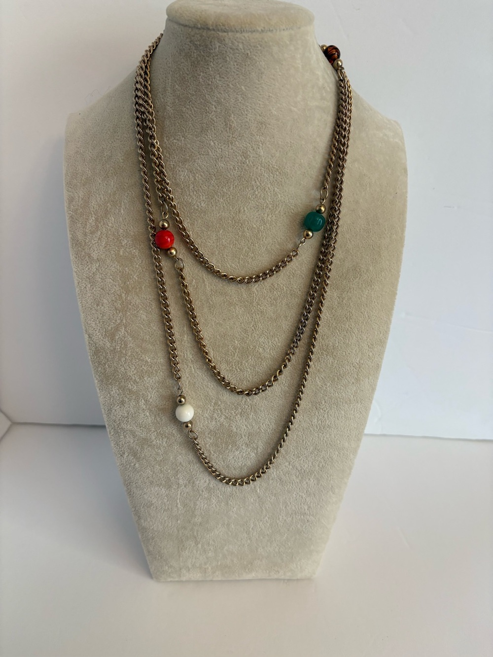 Vintage Gold Tone Station Necklace Red Green Cream Bead Foldover Clasp